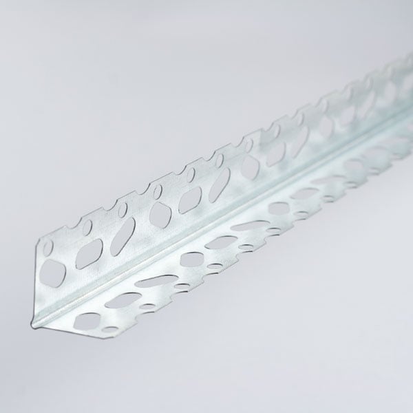 Clear plastic corner bead with perforated holes for drywall construction, shown at an angle on white background.