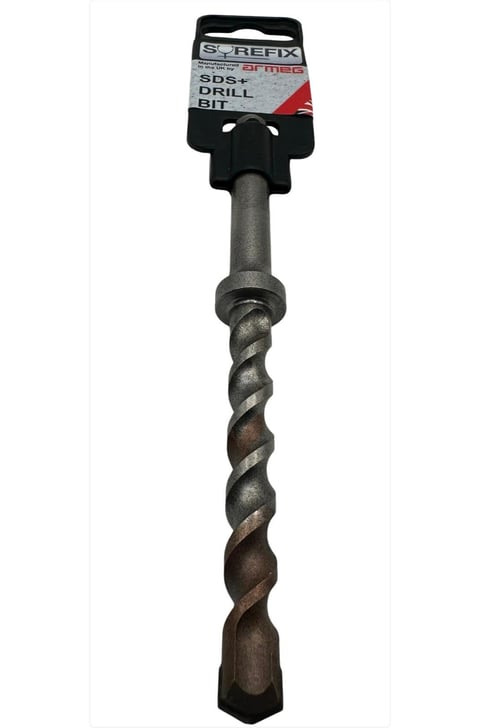 SDS+ drill bit with black plastic packaging label, spiral fluted metal bit, isolated on white background