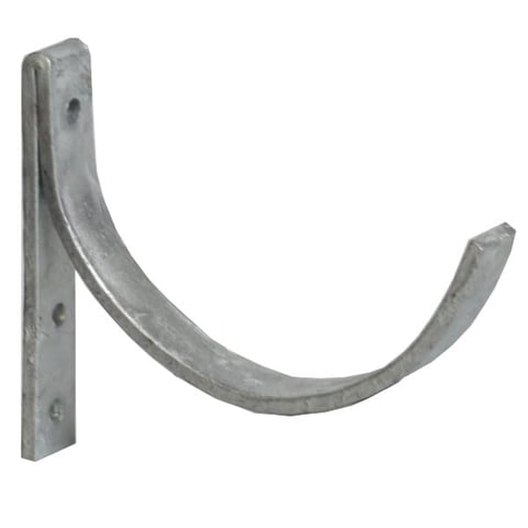 Metal curved bracket or hook mounted on a vertical post plate with mounting holes