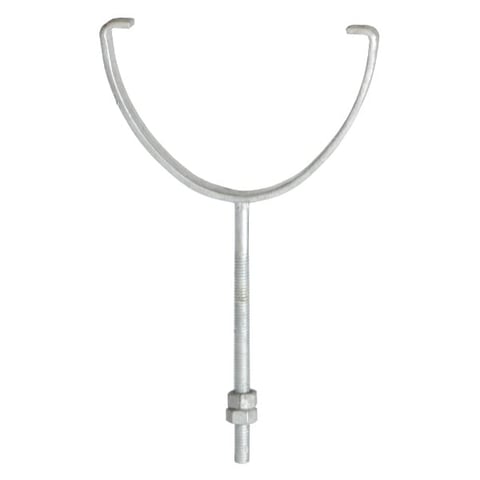 Metal pipe clamp or hanger with U-shaped bracket and threaded stem on white background
