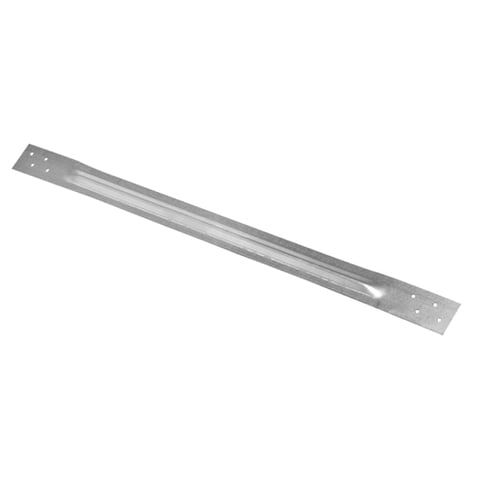 Metal bracket or reinforcement plate with holes at each end, viewed at an angle