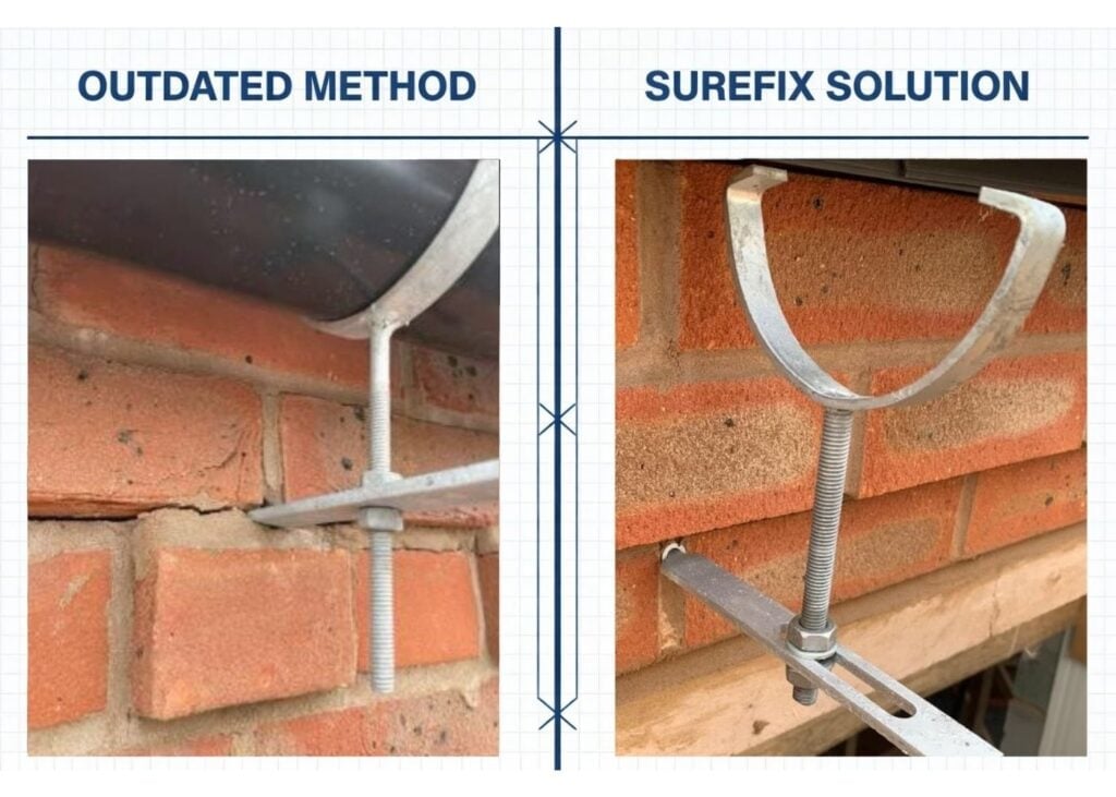 Comparison of outdated piping method versus modern Surefix solution on brick wall installation