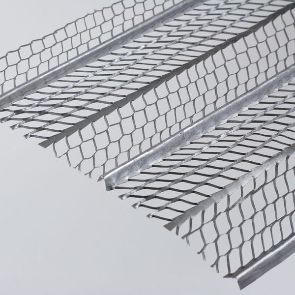 Three metal corner bead strips with mesh backing arranged diagonally on a light background