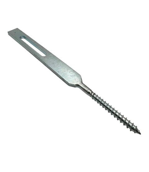 Metal screw anchor with flat mounting plate and helical screw shaft for wall installation