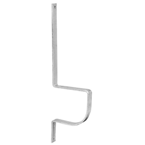 Curved metal hook or bracket with vertical and horizontal sections on white background