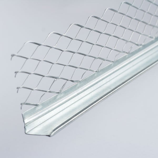 Clear plastic corner bead with metal reinforcement strip used in drywall construction