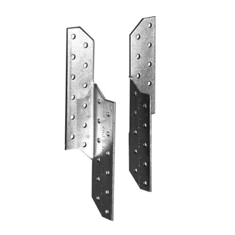 Two metal joist hangers with galvanized and black finish showing holes for fastening to wooden beams