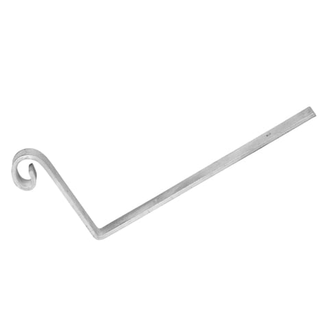 Metal wall hook with spiral end and angled arm on white background