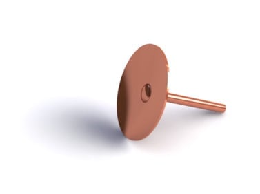 Brown abrasive grinding wheel on metal shaft against white background
