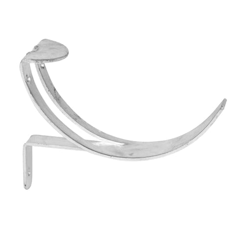 Silver metal curtain rod bracket with curved hook and mounting plate on white background