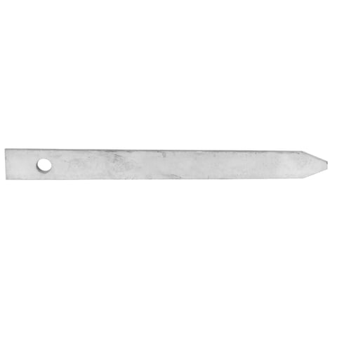 Thin metal strip with a hole near the left end and pointed tip on the right end