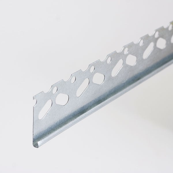Metal perforated angle bracket with circular and oval holes along its length, angled view on light background