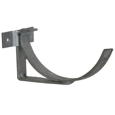 Metal gutter bracket or hanger with curved support arm for securing gutters to building fascia